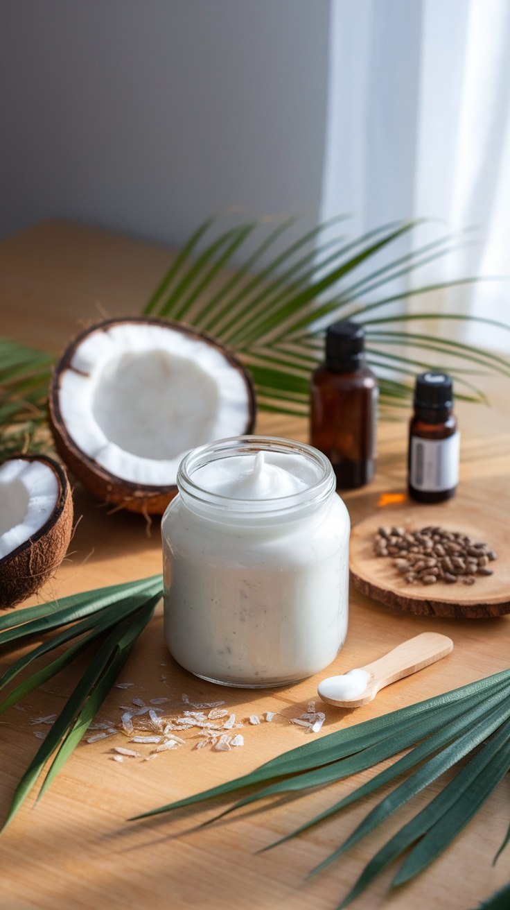 Homemade Coconut Oil and Jojoba Lotion Recipe Jar of creamy coconut oil lotion with coconuts and essential oil bottles.